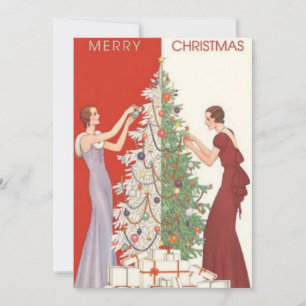 Vintage Ladies Decorating Christmas Tree Holiday Card
