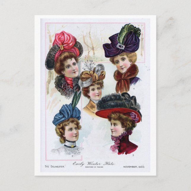 Vintage Ladies' Early Winter Hats from 1900 Postcard (Front)