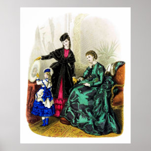 Vintage Ladies In Black Pink Green Blue Dress   Poster