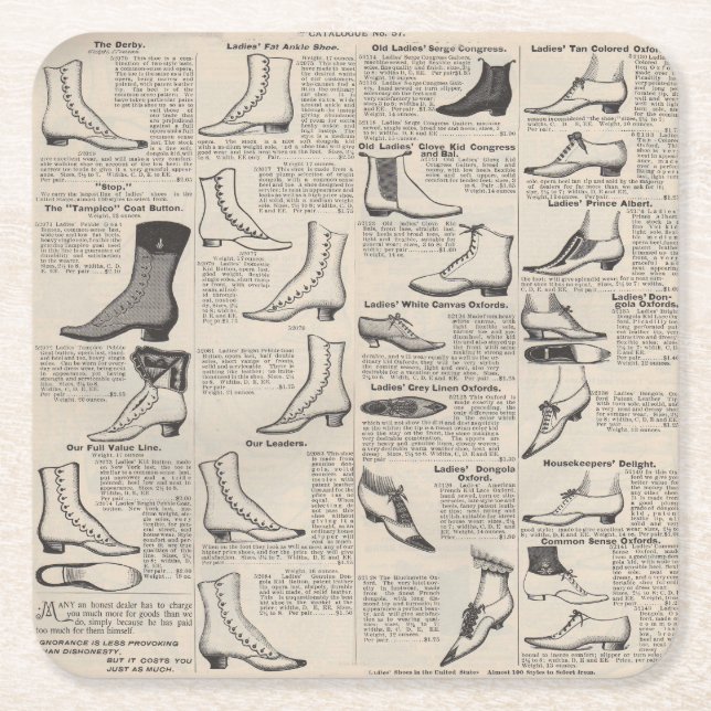 Vintage Ladies' Shoes Catalogue - 1900s Fashion Square Paper Coaster (Front)