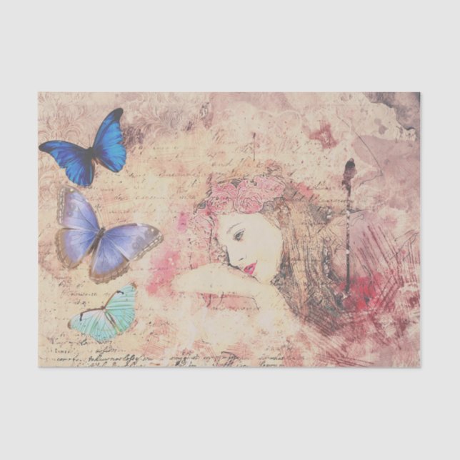 Vintage Lady and Butterfly Ephemera Decoupage Tissue Paper (Front)