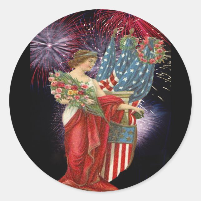 Vintage Lady and Fireworks Classic Round Sticker (Front)