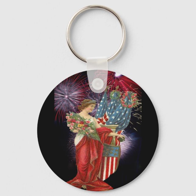 Vintage Lady and Fireworks Key Ring (Front)