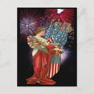 Vintage Lady and Fireworks Postcard