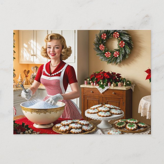 Vintage Lady Baking Christmas Cookies  Holiday Postcard (Front)
