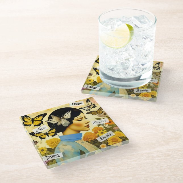 Vintage Lady, Butterflies, Flowers and Inspiring Glass Coaster (Angled)