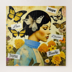 Vintage Lady, Butterflies, Flowers and Inspiring Jigsaw Puzzle