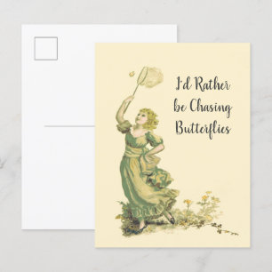 Vintage Lady Chasing Butterflies   Postcard