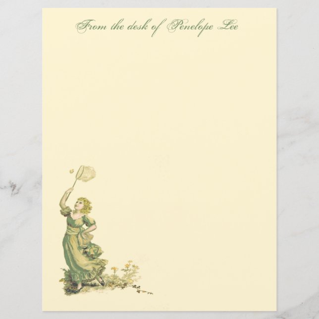 Vintage Lady Chasing Butterflies Stationery Paper  (Front)