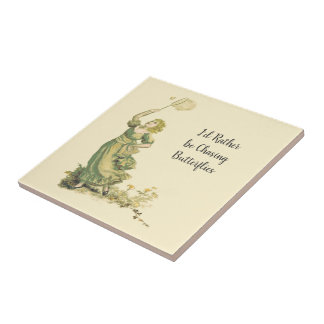 Vintage Lady Chasing Butterflies  Tile