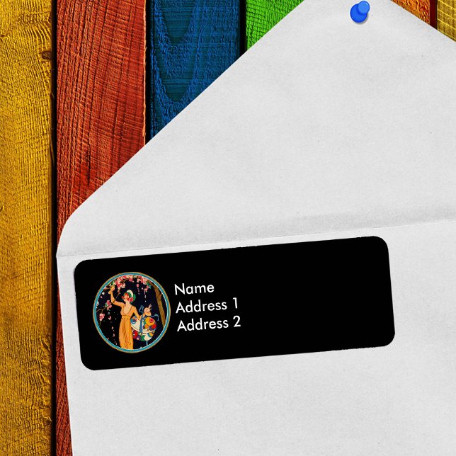 Vintage Lady Cherry Blossom Tree Hat Box (Vintage Lady picking pink cherry blossoms from tree on black return address label.)