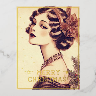 Vintage Lady Christmas Theme Greetings Retro Pic Foil Holiday Postcard