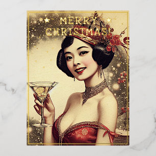 Vintage Lady Christmas Theme Greetings Retro Pic Foil Holiday Postcard