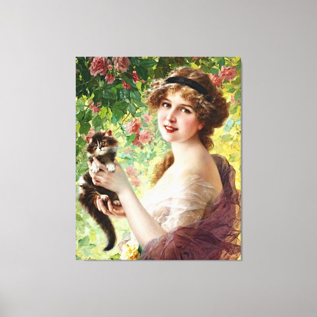 Vintage Lady Cute Kitten & Rose Flower Canvas Print (Front)