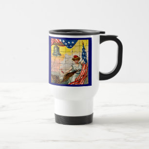 Vintage Lady, Eagle, Flag and Liberty Bell Mosiac Travel Mug