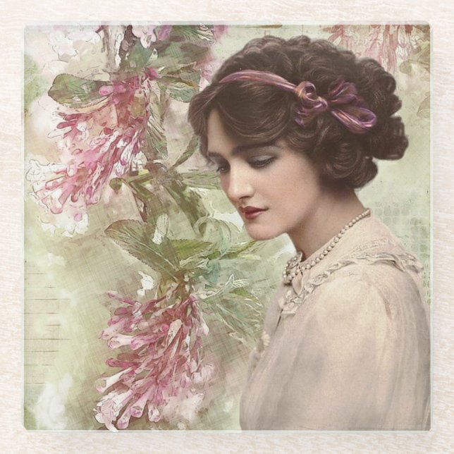 Vintage Lady Elegant Pink Floral Glass Coaster (Front)