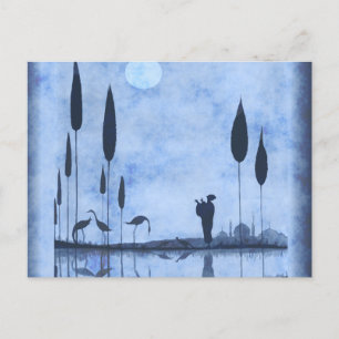 Vintage Lady & Flamingos On Moonlit Lake Postcard