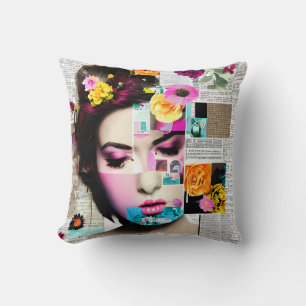 Vintage Lady Floral Paper Collage Art Cushion