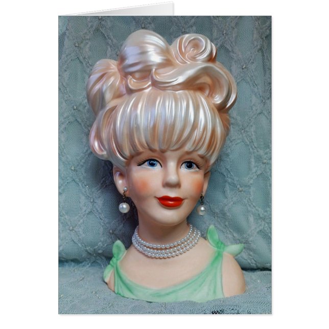 Vintage Lady Head Vase Big Bouffant Hair Pearls (Front)