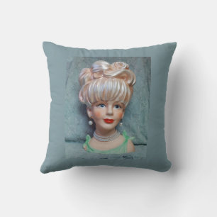 Vintage Lady Head Vase Big Bouffant Hair Pearls Cushion