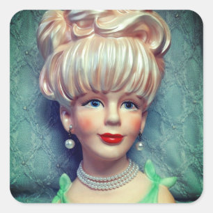 Vintage Lady Head Vase Big Bouffant Hair Pearls Square Sticker
