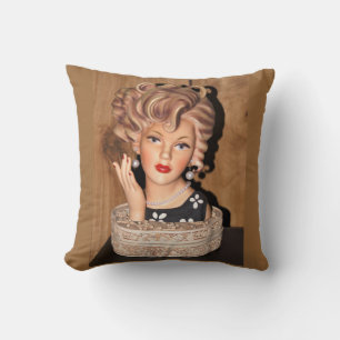 Vintage Lady Head Vase Big Corkscrew Hair Hand Up Cushion