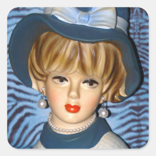Vintage Lady Head Vase Blue Bucket Hat 1960s Square Sticker
