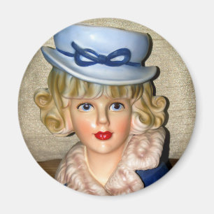 Vintage Lady Head Vase Blue Hat Fur Collar Magnet