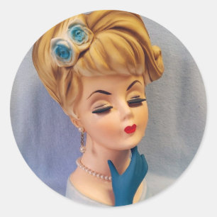 Vintage Lady Head Vase Blue Rose and Gloved Hand Classic Round Sticker