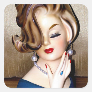 Vintage Lady Head Vase Flip Hairdo Ring Square Sticker