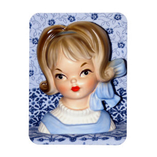 Vintage Lady Head Vase Little Girl Blue Bow Magnet