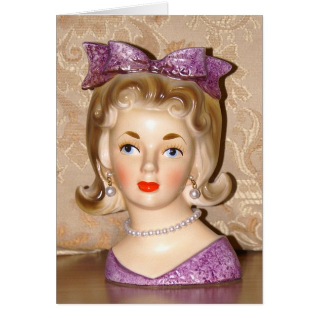 Vintage Lady Head Vase Purple Bow 60s Card (Front)
