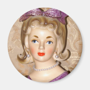 Vintage Lady Head Vase Purple Bow Flipped Hair 60s Magnet