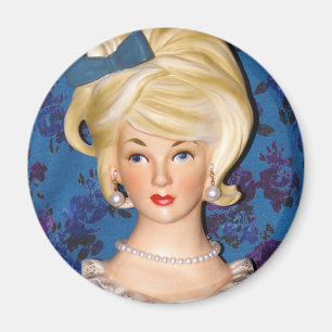 Vintage Lady Head Vase Teen Big Hair Blue Bow Magnet