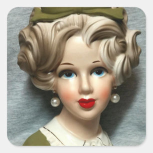 Vintage Lady Head Vase Teen Girl Swirly Hair Square Sticker