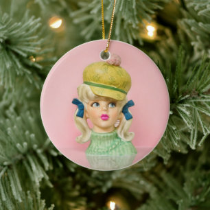 Vintage Lady Head Vase Teen Mod Hat Pigtails Ceramic Tree Decoration