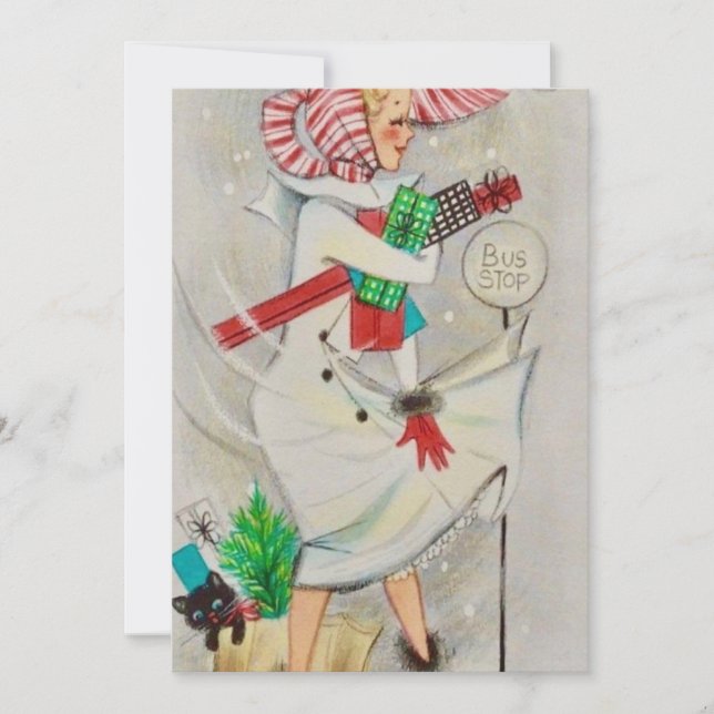 Vintage Lady holding Christmas gifts Holiday Card (Front)