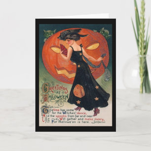 Vintage Lady in Black and Jack o' Lantern Card