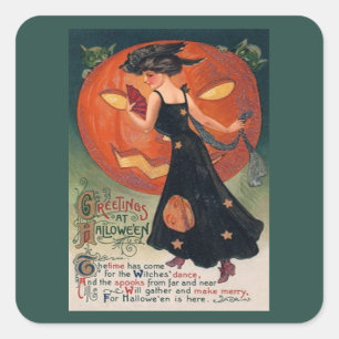 Vintage Lady in Black and Jack o' Lantern Square Sticker