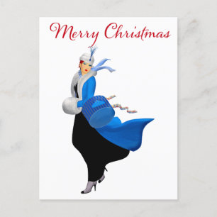 Vintage Lady in Blue Christmas Greeting Postcard