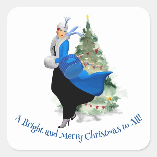 Vintage Lady in Blue Christmas Greeting Square Sticker (Front)