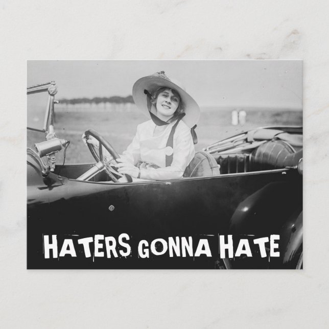 vintage lady in car HATERS GONNA HATE Postcard (Front)