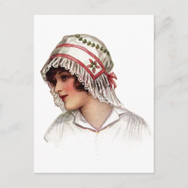 Vintage Lady in Embroidery and Lace Bonnet Postcard (Front)