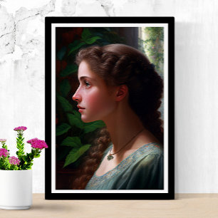 Vintage Lady In Green Red Flowers Poster