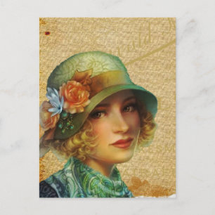 Vintage lady in hat collage art postcard