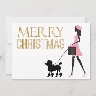 Vintage lady in pink black poodle Merry Christmas Invitation