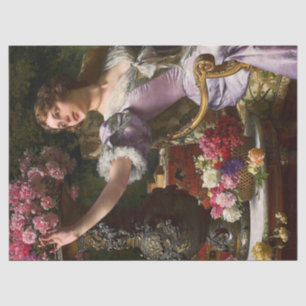 Vintage Lady In Pink Lilac Dress & Red Rose Tissue Paper