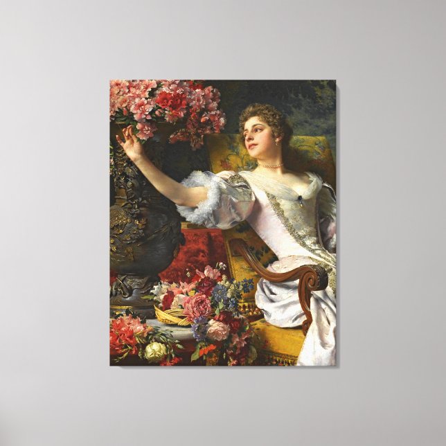 Vintage Lady In Pink Orange Dress & Pink Rose Canvas Print (Front)