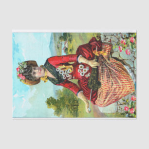 Vintage Lady In Red Parasol Red Flowers Decoupage Tissue Paper