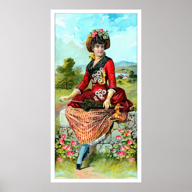 Vintage Lady In Red Parasol Red Flowers Poster (Front)
